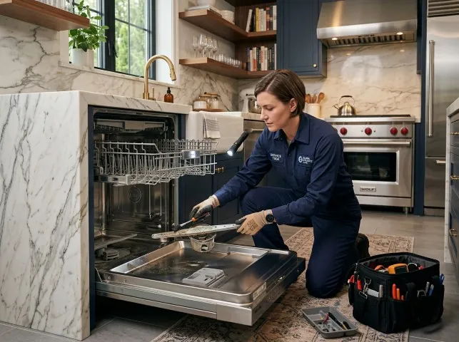 Appliance Repair Hero technician servicing a built-in dishwasher in a Bluefield, VA kitchen